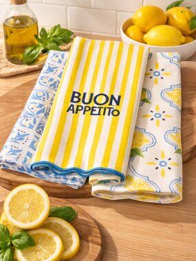 Lemon Yellow & Blue Mediterranean Kitchen Towels Set of 3